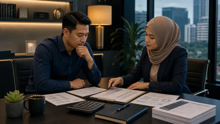 Pre-AKPK debt review with organized documents and advisor